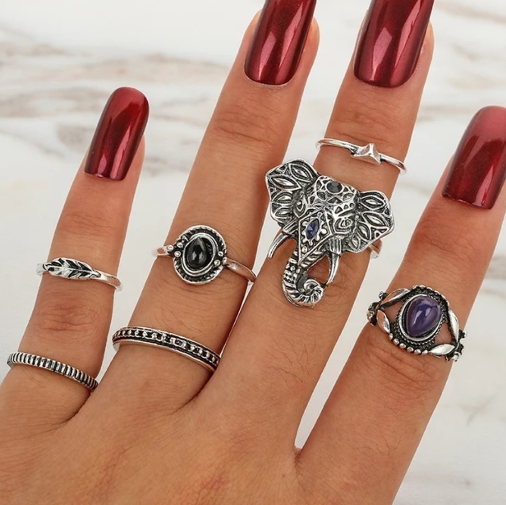 🍁4/$25🍁 7 pc. Boho Elephant Ring Set - Picture 2 of 3